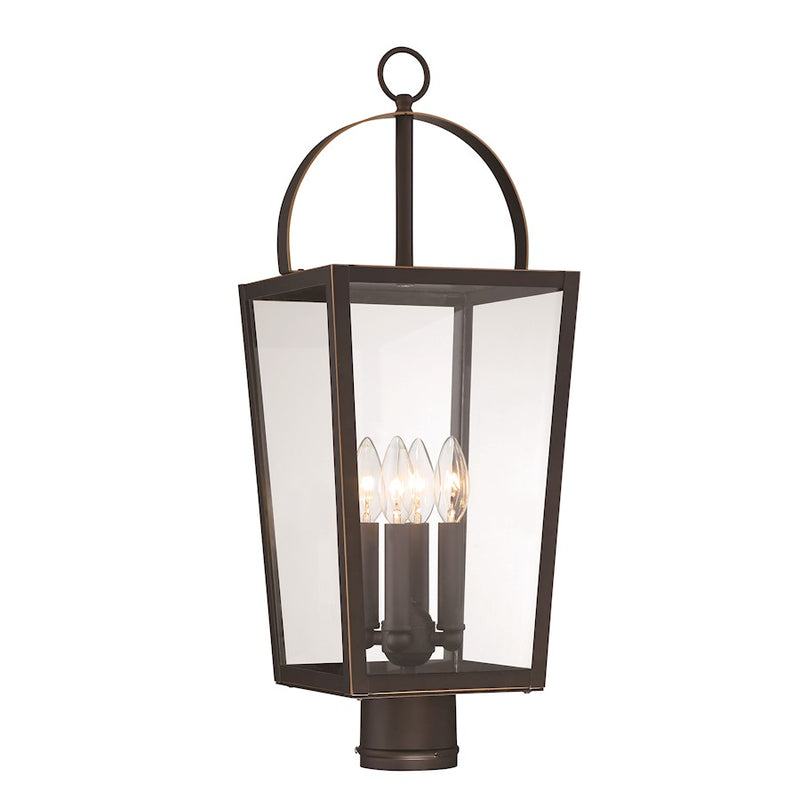 Minka Laver Rangeline 24in 4-Light Outdoor Post Mount | Transitional Oil Rubbed Bronze with Gold High and Clear Glass | Entryway & | Model 72726-143C