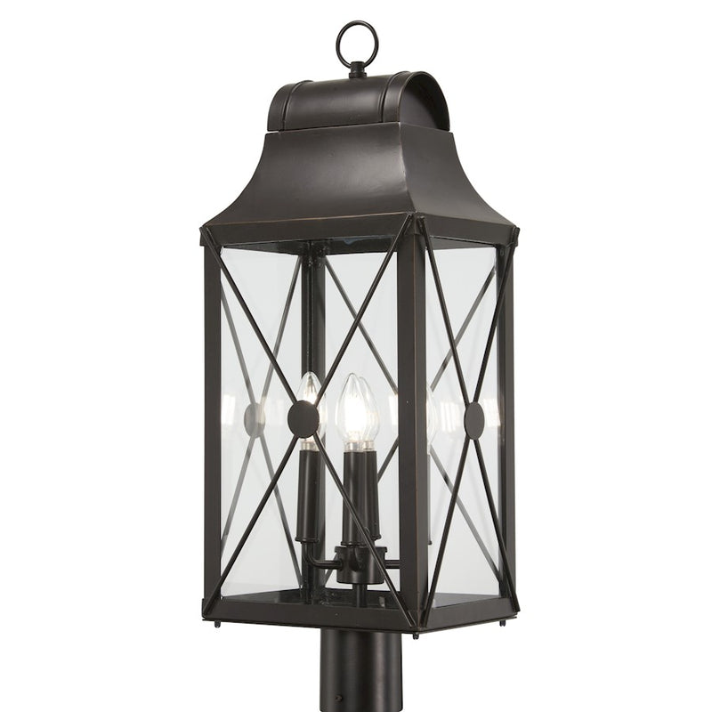 Minka Lavery De Luz 12.5in 4-Light Outdoor Post Mount | Oil Rubbed Bronze w/ Gold High and Clear Glass | Covered Patio & Entryway | Model 73296-143C