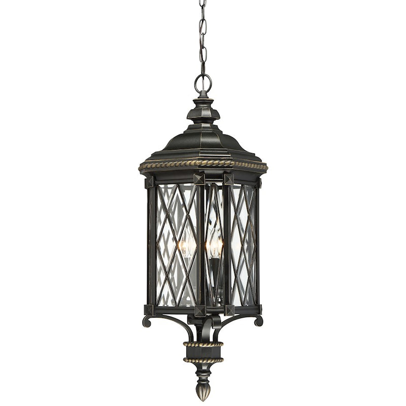 Minka Lavery Bexley Manor 11in 4-Light Outdoor Lantern | Traditional Black and Gold | Covered Patio & Entryway | 11 x 11 x 32 in | Model 9324-585