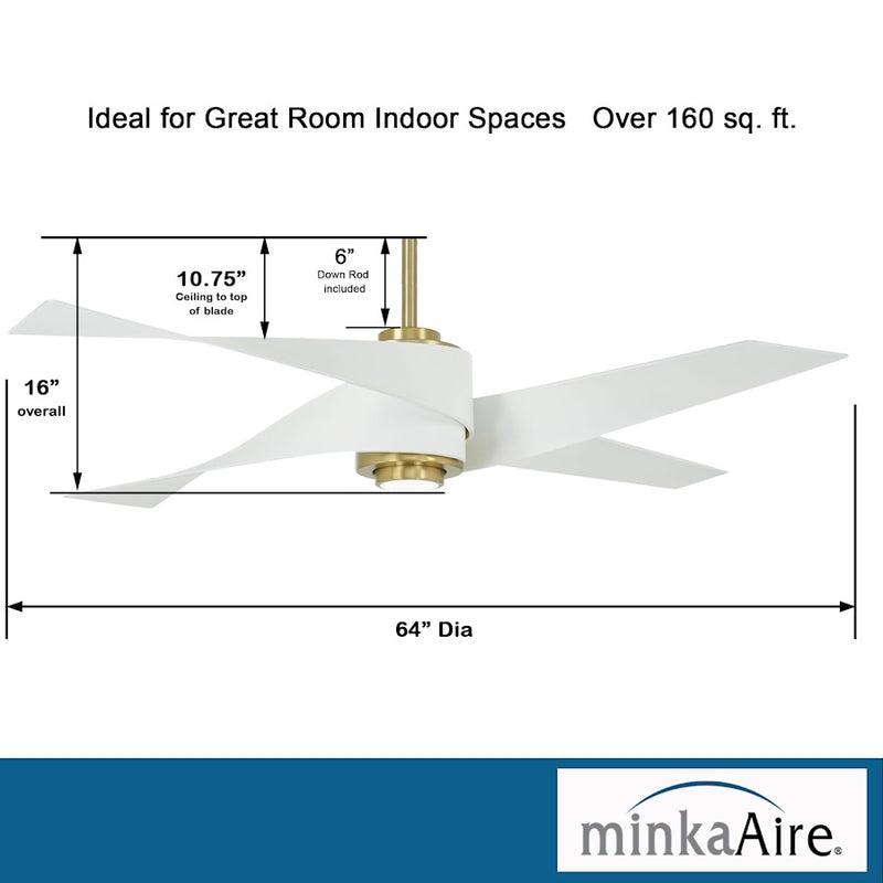 Minka Aire Artemis IV 64in LED Ceiling Fan | Soft Brass and Lens Finish | Living Room & Bedroom | 64 x 64 x 16 in | Model F903L-SBR-WHF