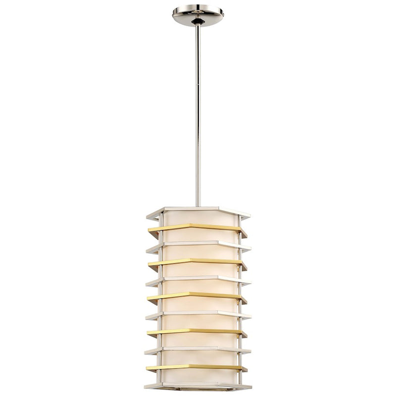 George Kovacs Levels LED Mini Pendant | Contemporary Polished Nickel and Honey Gold with White Fabric Shade | Kitchen Island & | Model P1071-657-L