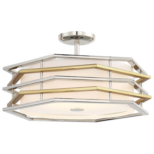 George Kovacs Levels 20in 1-Light Semi-Flush | Contemporary Polished Nickel and Honey Gold with White Linen Shade | Entryway & | Model P1072-657-L