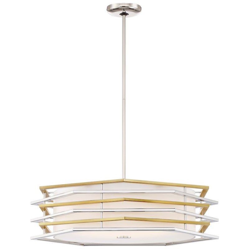 George Kovacs Levels 26in 1-Light LED Pendant | Polished Nickel and Honey Gold with White Linen Shade | Kitchen Island & Dining | Model P1074-657-L