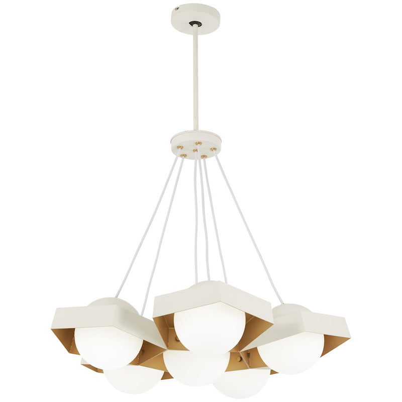 George Kovacs Five-O 26in 1-Light LED Pendant | Industrial Textured White and Gold Leaf with Etched White Glass | Kitchen Island | Model P1395-044G-L
