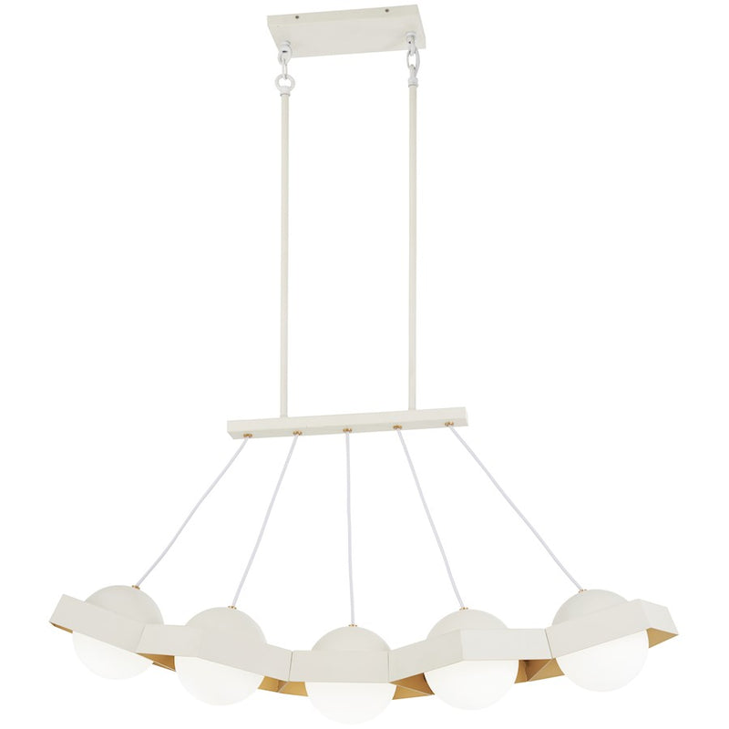 George Kovacs Five-O 39in 5-Light LED Island | Industrial Textured White and Gold Leaf with Etched White Glass | Kitchen & | Model P1396-044G-L