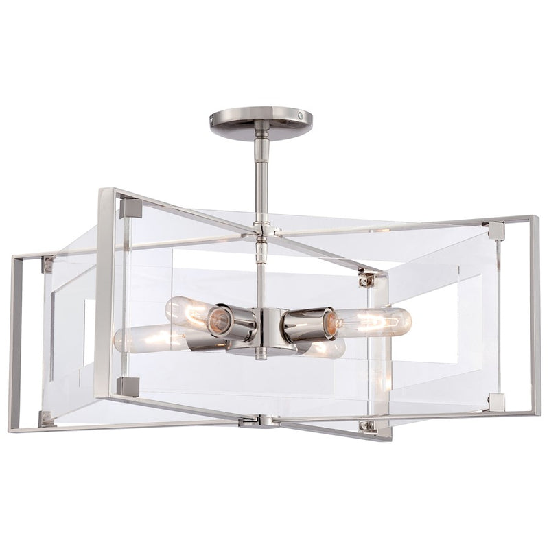 George Kovacs Crystal Clear 20in 4-Light Semi-Flush | Contemporary Polished Nickel and Clear Acrylic | Dining Room & Living Room | Model P1403-613