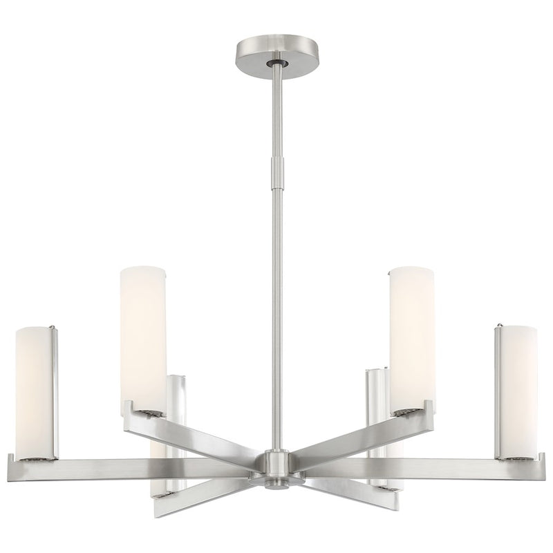 George Kovacs Tube 30in 6-Light LED Chandelier | Contemporary Brushed Nickel and Etched Opal Glass | Dining Room & Living Room | Model P1856-084-L