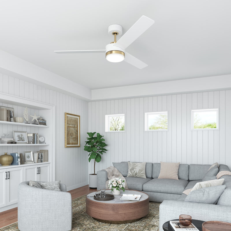 Millennium Lighting Trestwyn 52in 3-Blade 5CCT LED Ceiling Fan | Transitional Brass and Matte White Plywood | Bedroom & Living | Model 1100LED-BR-MWW