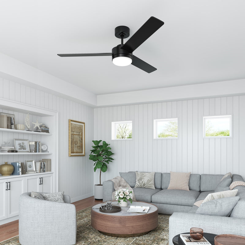 Millennium Lighting Trestwyn 52in 3-Blade 5CCT LED Ceiling Fan | Transitional Matte Black and Etched Acrylic | Bedroom | Model 1100LED-MBK-MBK
