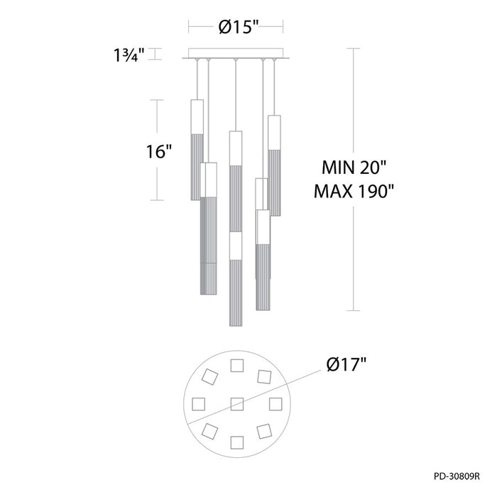 Modern Forms Cinema 9Lt 16" LED Multi-Light Pendant, Brass/Clear