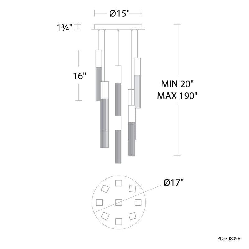 Modern Forms Cinema 9Lt 16" LED Multi-Light Pendant, Black/Clear