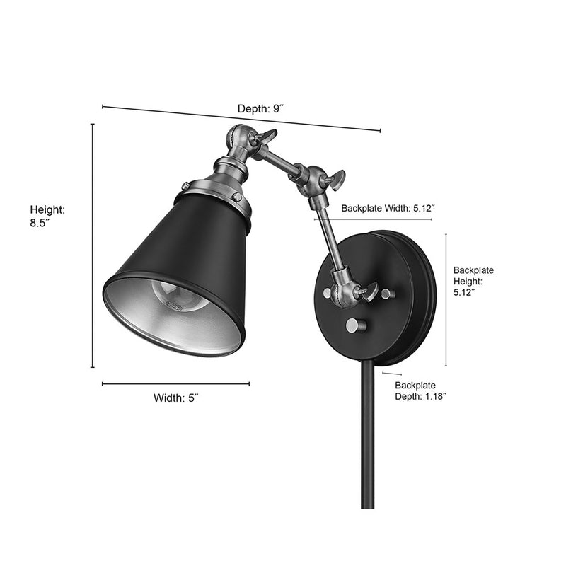 Millennium Lighting Edith 1Lt Swing Arm Sconce, Black/Brass