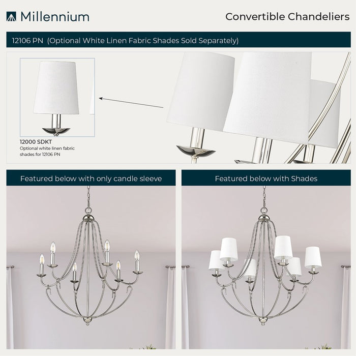 Millennium Lighting Eisley 6Lt Chandelier, Polished Nickel