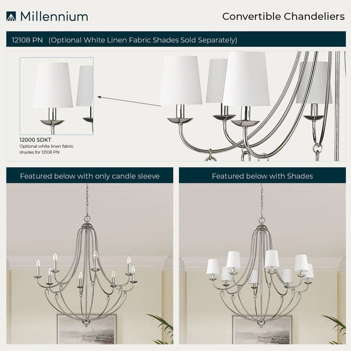 Millennium Lighting Eisley 8Lt Chandelier, Polished Nickel