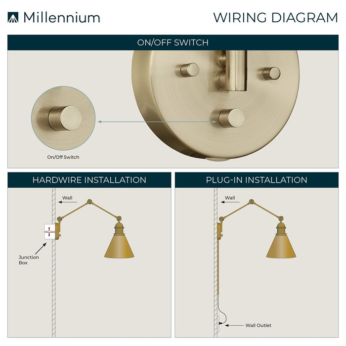 Millennium Lighting Elane 1Lt Swing Arm Sconce, Black/Brass