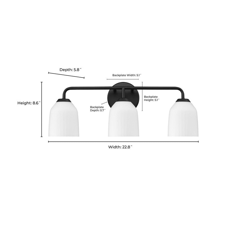 Millennium Lighting Norah 3Lt Vanity, Black/Opal Ribbed