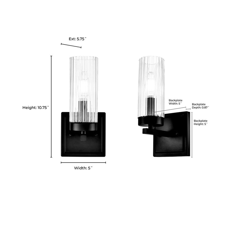 Millennium Lighting Iversen 1Lt 5" Wall Sconce, Black/Clear Reeded