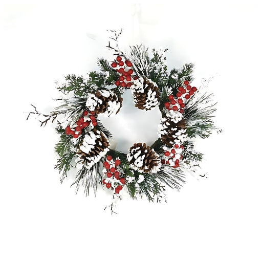 Melrose International Snow Mixed Pine Berry Wreath 20"D, Green - 10013DS