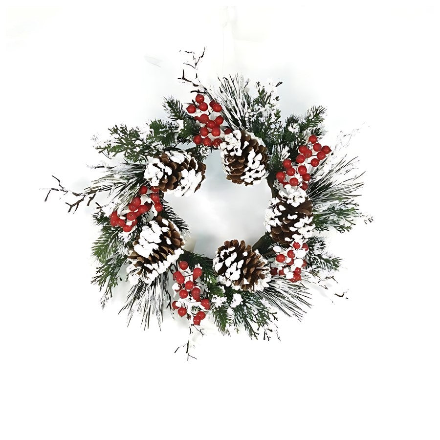 Melrose International Snow Mixed Pine Berry Wreath 20"D, Green - 10013DS