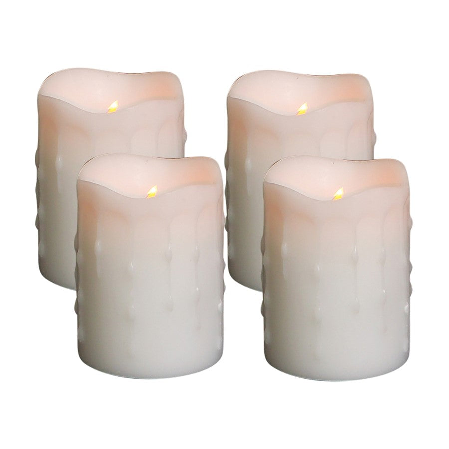 Melrose LED Dripping 4" H Wax Pillar Candles, Set of 4, White - 45374DS