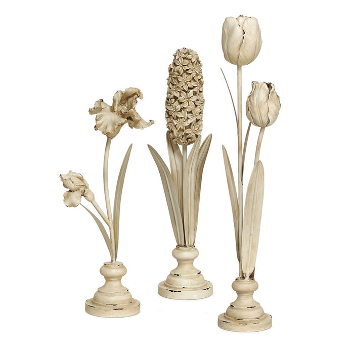 Melrose Int. Distressed Floral Stem Sculpture, Set of 3, Beige - 46278DS