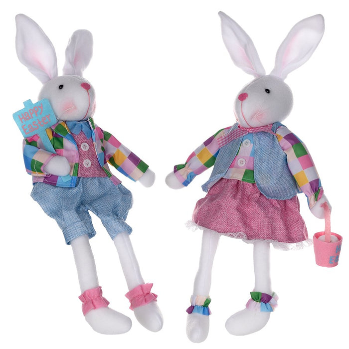 Melrose Plush Plaid Easter Rabbit Shelf Sitter, Set of 2, White/Pink/B - 47114DS