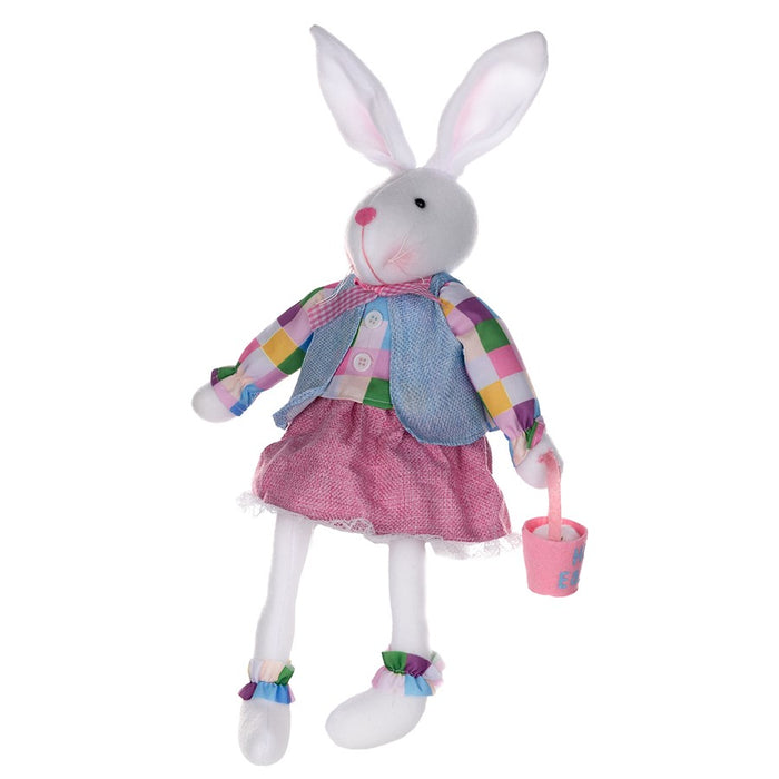 Melrose Plush Plaid Easter Rabbit Shelf Sitter, Set of 2, White/Pink/B