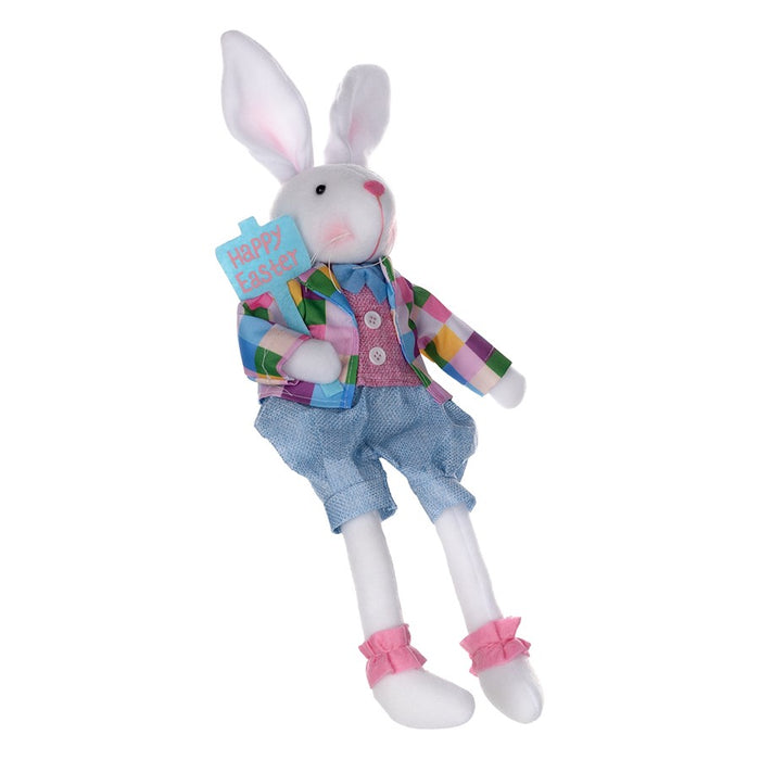 Melrose Plush Plaid Easter Rabbit Shelf Sitter, Set of 2, White/Pink/B