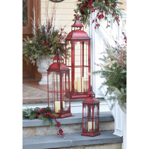 Melrose International Ornamental Metal Floor Lantern, Set of 3, Red - 49112DS