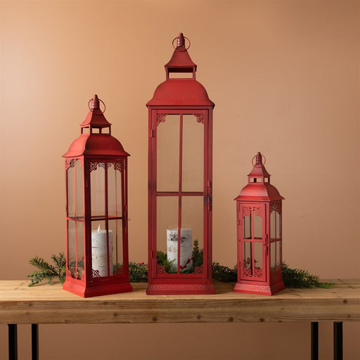 Melrose International Ornamental Metal Floor Lantern, Set of 3, Red