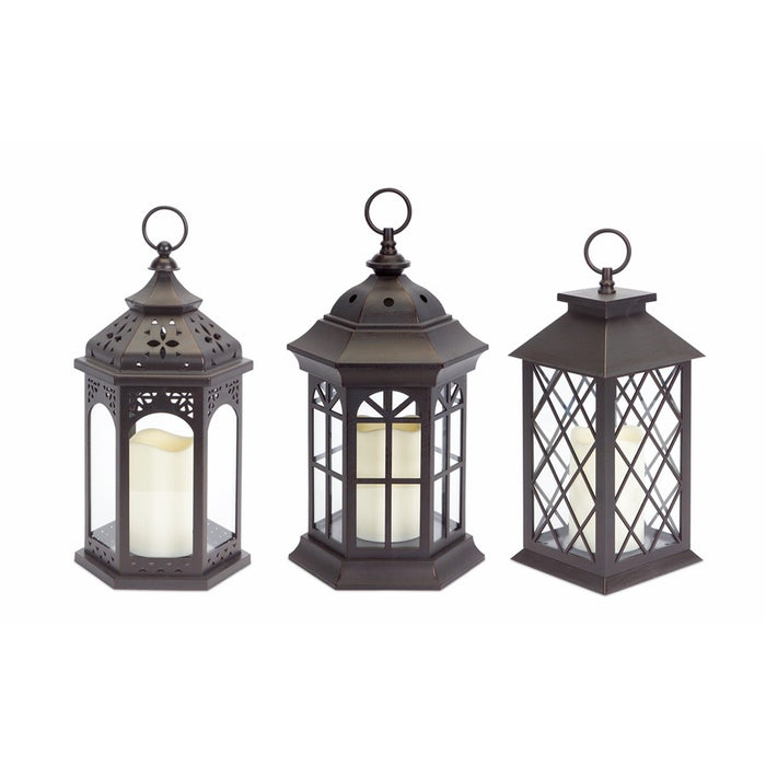 Melrose Assorted Lanterns/LED Candle, Set of 3, Brown/Black - 50202DS