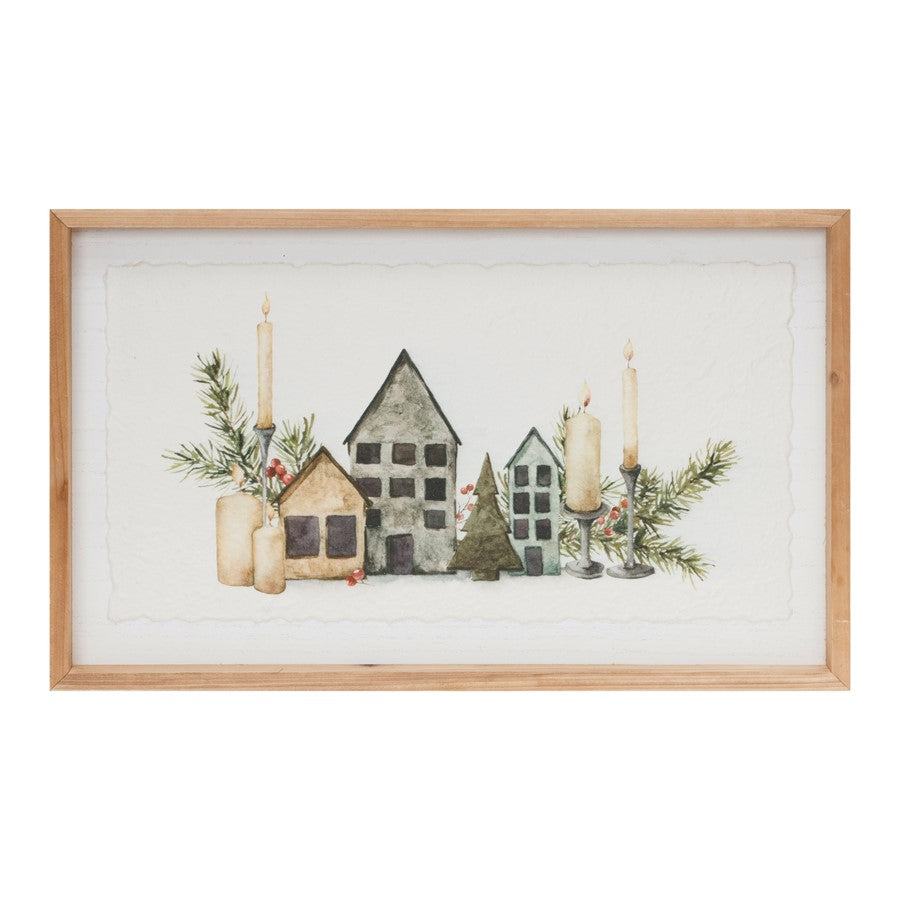 Melrose Wood Framed Winter Village Mantlescape Print 19"L, White/Brown - 51796DS