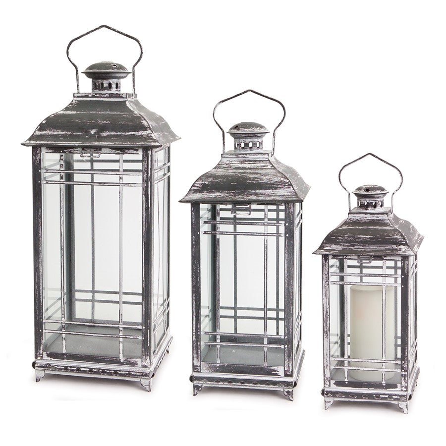 Melrose International Traditional Metal Lantern, Set of 3, Grey/White - 53264DS