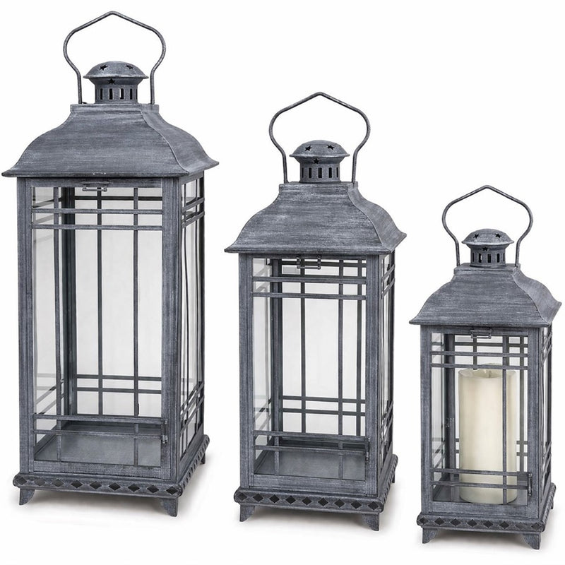 Melrose International Traditional Metal Lantern, Set of 3, Grey/White