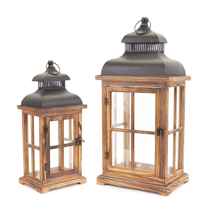 Melrose International Rustic Wood/Metal Lantern, Set of 2, Brown/Black - 54161DS
