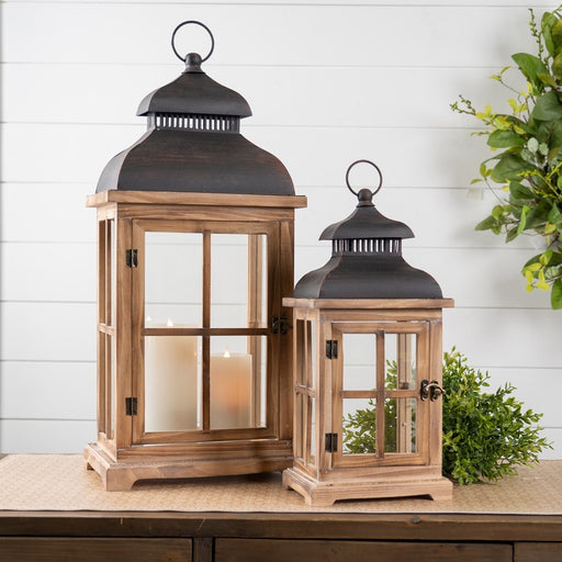 Melrose International Rustic Wood/Metal Lantern, Set of 2, Brown/Black