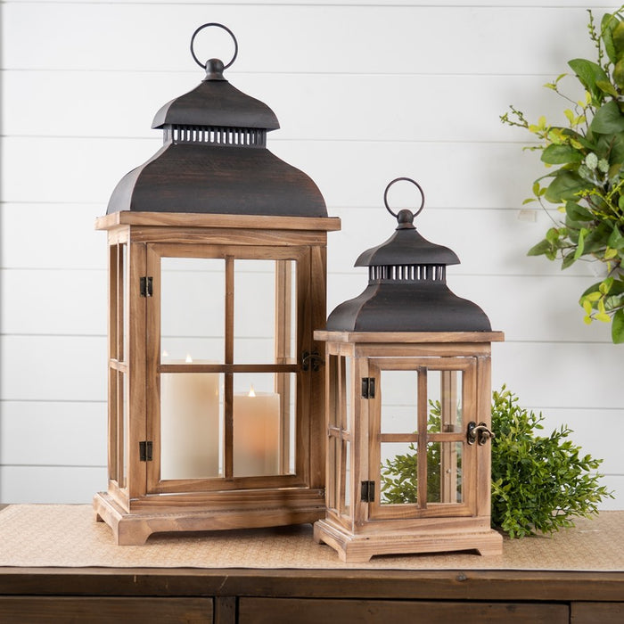 Melrose International Rustic Wood/Metal Lantern, Set of 2, Brown/Black
