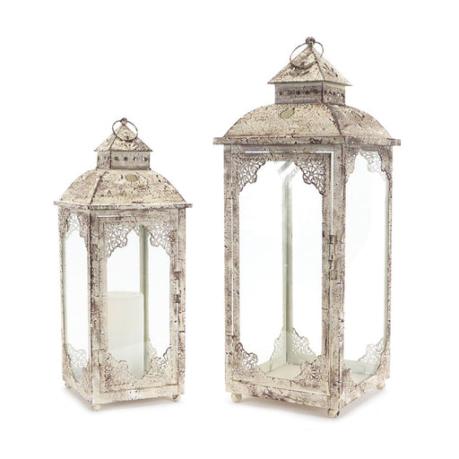 Melrose Weathered Ornate Metal Lantern, Set of 2, Beige/Brown - 54172DS