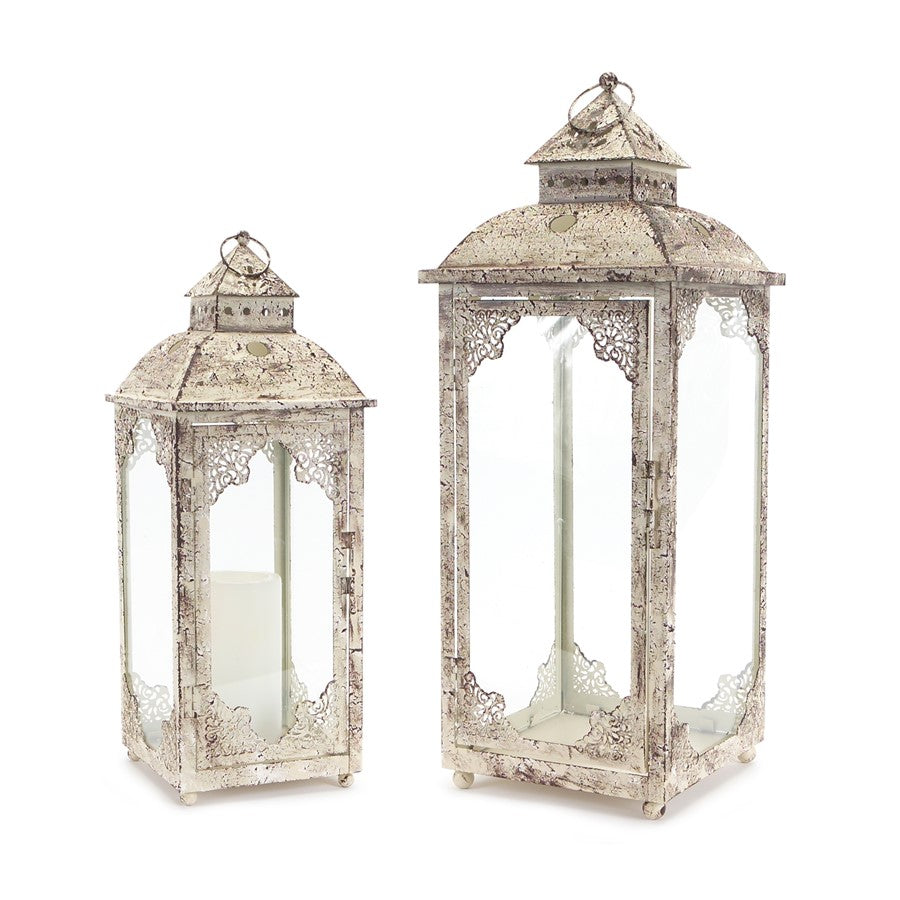 Melrose Weathered Ornate Metal Lantern, Set of 2, Beige/Brown - 54172DS