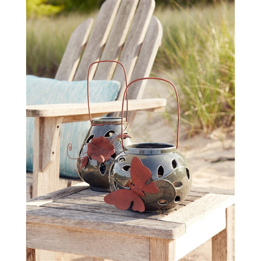 Melrose Ceramic Lantern Candle Holder/Leaf Accent, Set of 2, Green - 58442DS