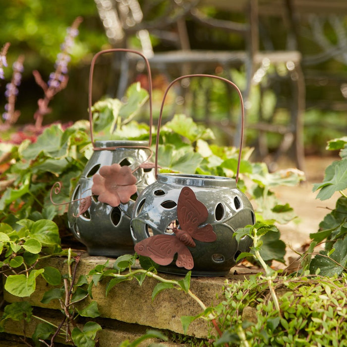 Melrose Ceramic Lantern Candle Holder/Leaf Accent, Set of 2, Green