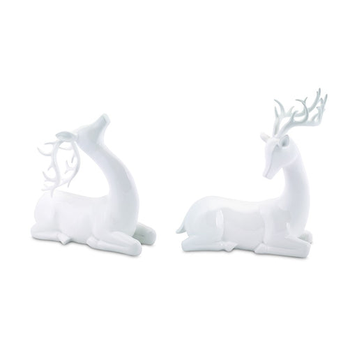 Melrose Modern White Stone Laying Deer Figurine, Set of 2, White - 60601DS