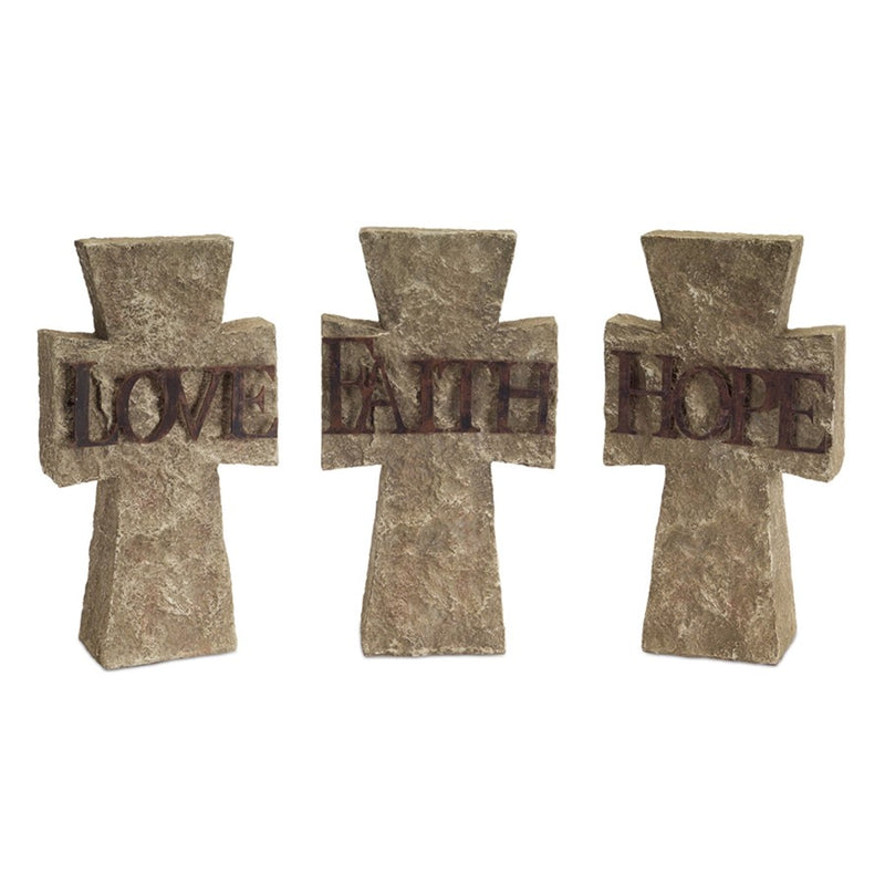 Melrose Stone Tabletop Sentiment Cross, Set of 3, Grey/Brown - 62776DS