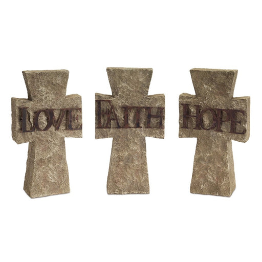 Melrose Stone Tabletop Sentiment Cross, Set of 3, Grey/Brown - 62776DS