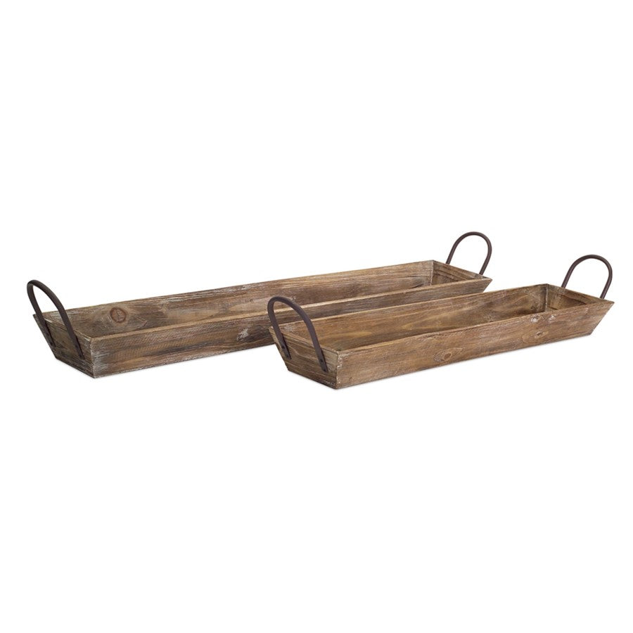 Melrose International Wooden Tray/Handles, Set of 2, Natural - 64804DS