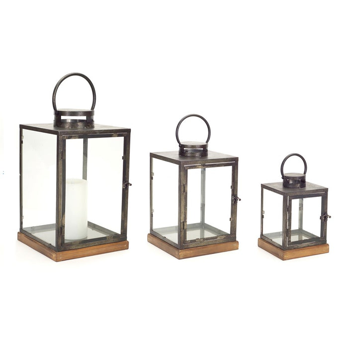 Melrose International Metal Box Lantern/Wood Base, Set of 3, Grey/Grey - 66427DS
