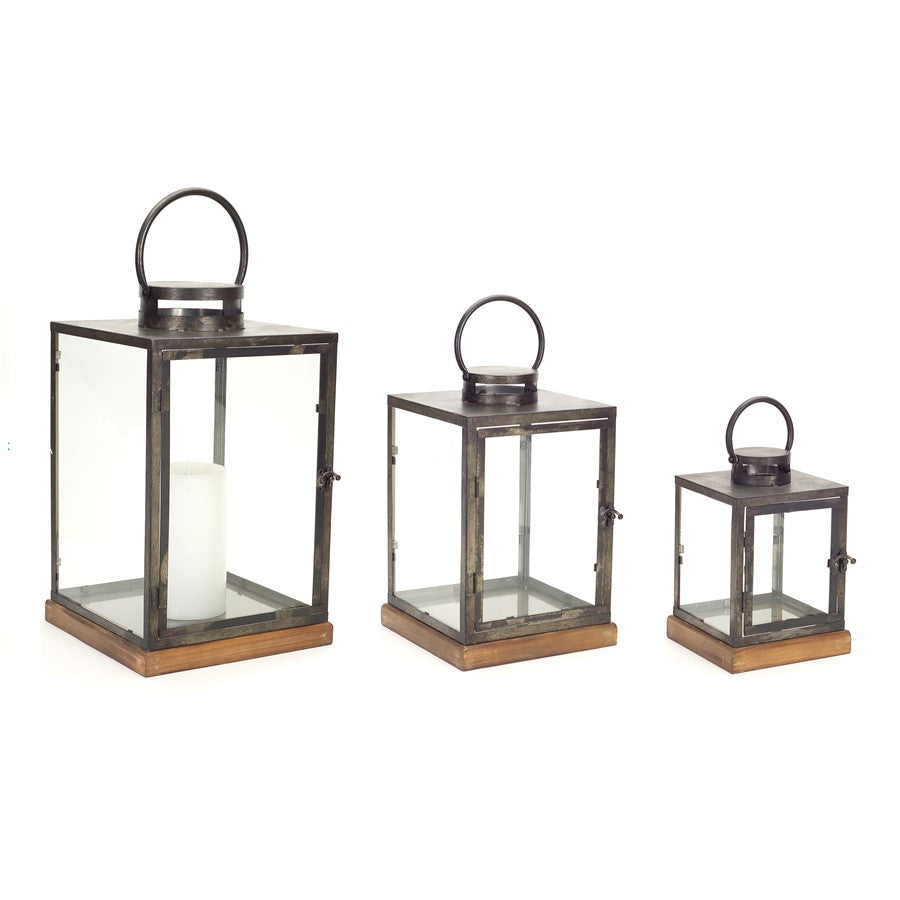 Melrose International Metal Box Lantern/Wood Base, Set of 3, Grey/Grey - 66427DS