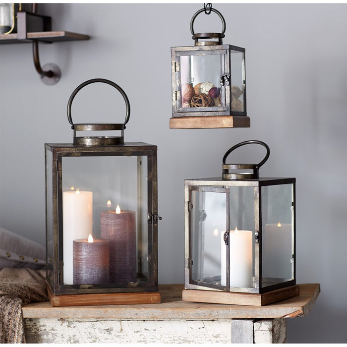 Melrose International Metal Box Lantern/Wood Base, Set of 3, Grey/Grey