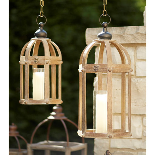 Melrose Open Wood Lantern/Glass Hurricane, Set of 2, Brown/CleaRed - 66454DS