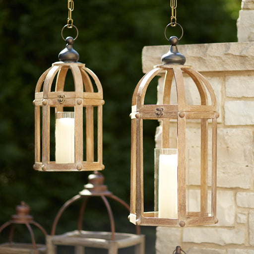 Melrose Open Wood Lantern/Glass Hurricane, Set of 2, Brown/CleaRed